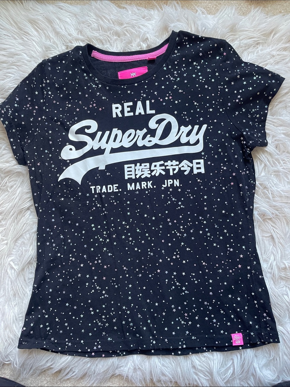 Superdry Black Tee with White Star Print and White Logo